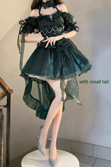 Green Midsummer Dream Short Sleeves Ruffle Hanayome Off-The-Shoulder Gothic Short Lolita Dress - Product - 5