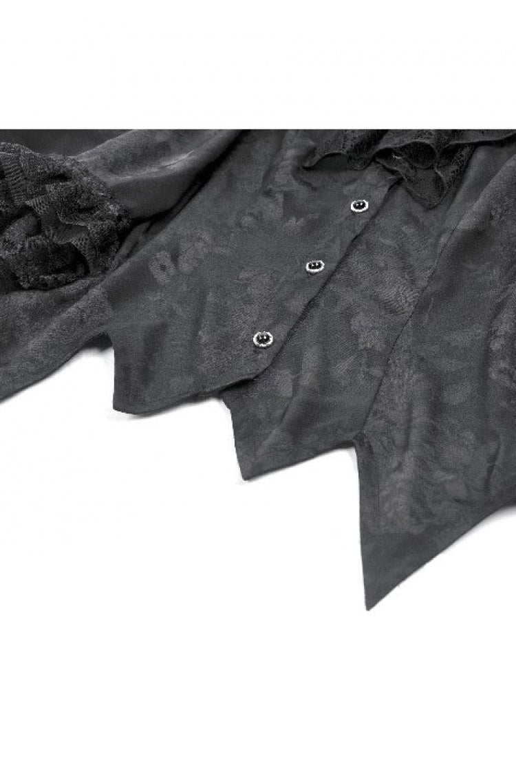 Black Point Collar Long Bishop Sleeves Rose Jacquard Irregular Hem Women's Gothic Blouse with Detachable Tie - Product - 15
