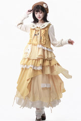 Yellow [Orange Diary] Multi-Layered Printed Embroidered Bow Lace Asymmetric Sweet Lolita Jumper Dress - Product - 2