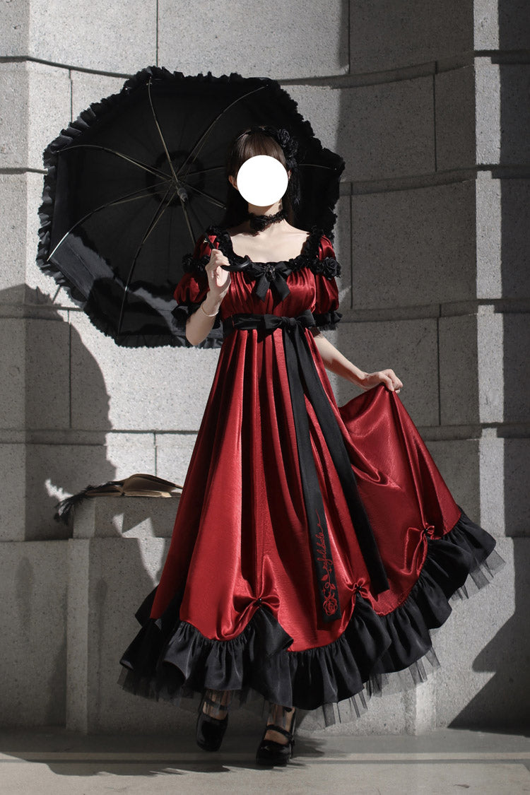 Red Square Collar Short Sleeves Ruffle Bowknot Sweet Regency-Style Vintage Lolita Dress - Product - 6