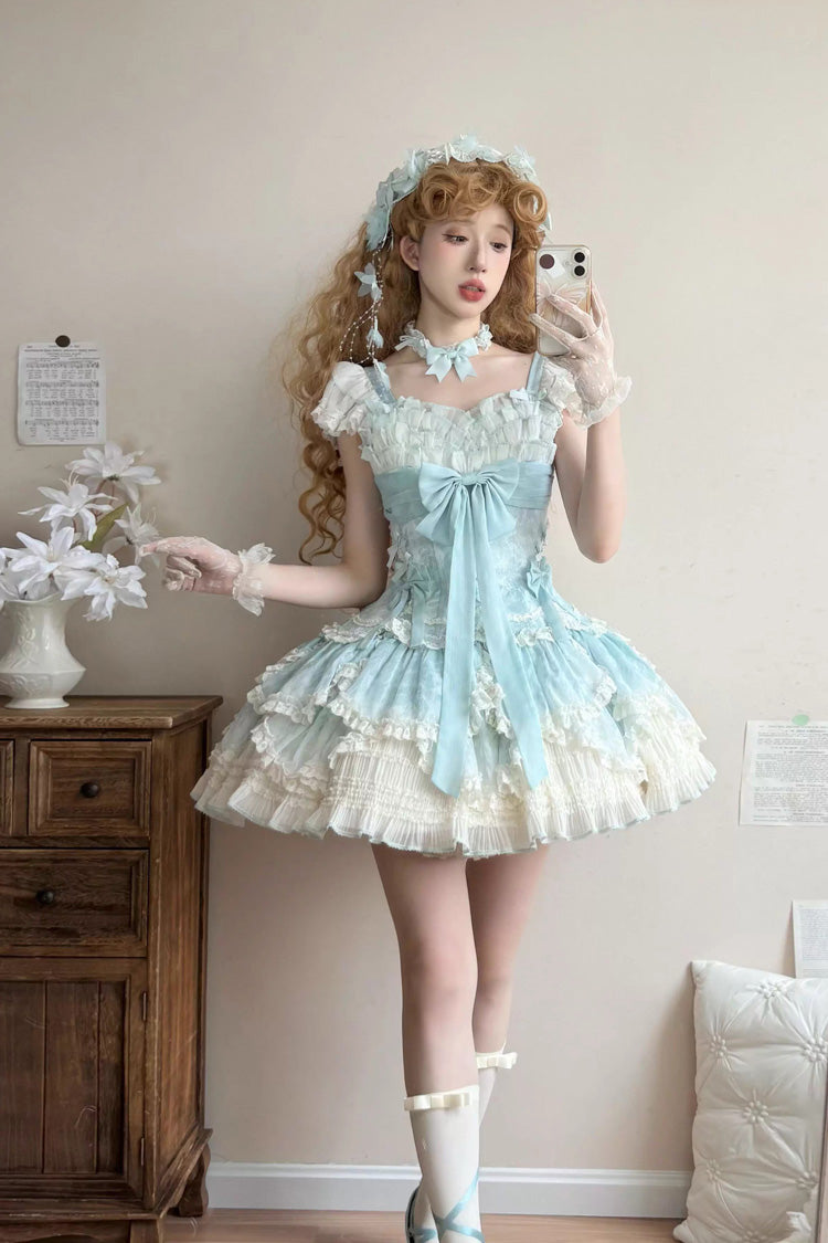 Green [Floral Dream] Short Sleeves Multi-Layered Ruffle Embroidery Bowknot Lace-Up Sweet Elegant Ballet Lolita Jsk Dress - Product - 5
