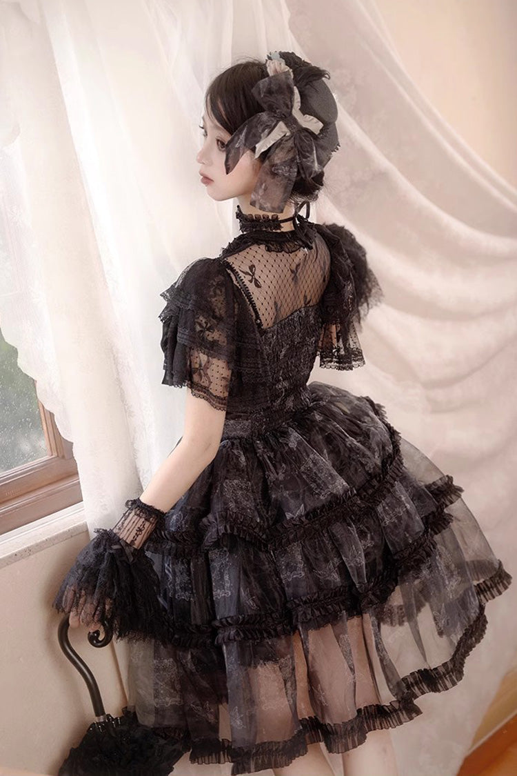 Black Multi-layer Butterfly Print Bowknot Lace Fish Bone Gothic Lolita Jsk Dress - Product - 10
