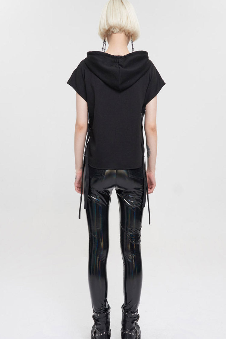 Black Short Front Long Back Stitched Shiny Leather Inverted Pentagram Shape Hoodie Short Sleeve Women's Punk T-Shirt - Product - 7