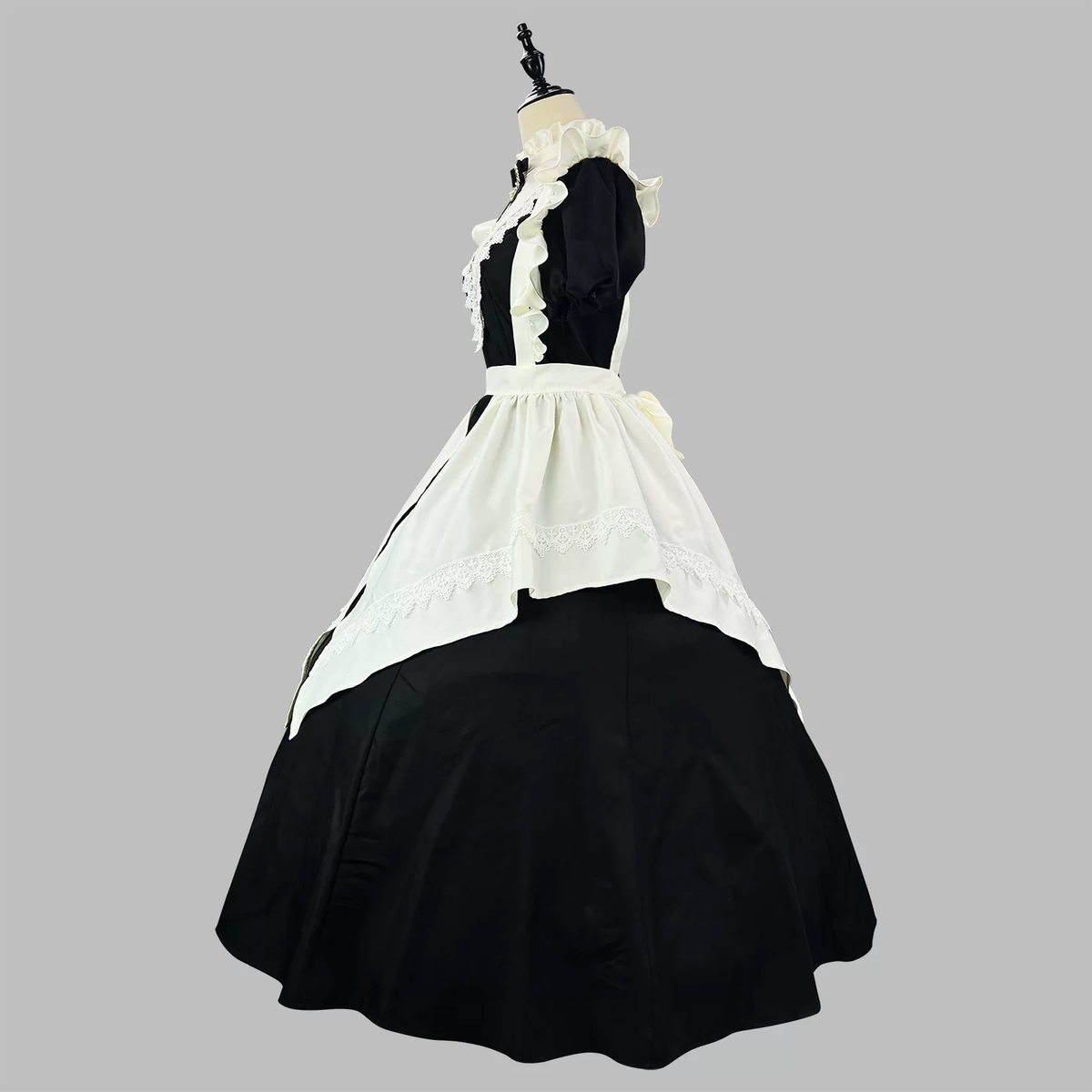 Black and White Plaid Ruffled Maid Lolita Dress with Apron Bow Accent - view 3