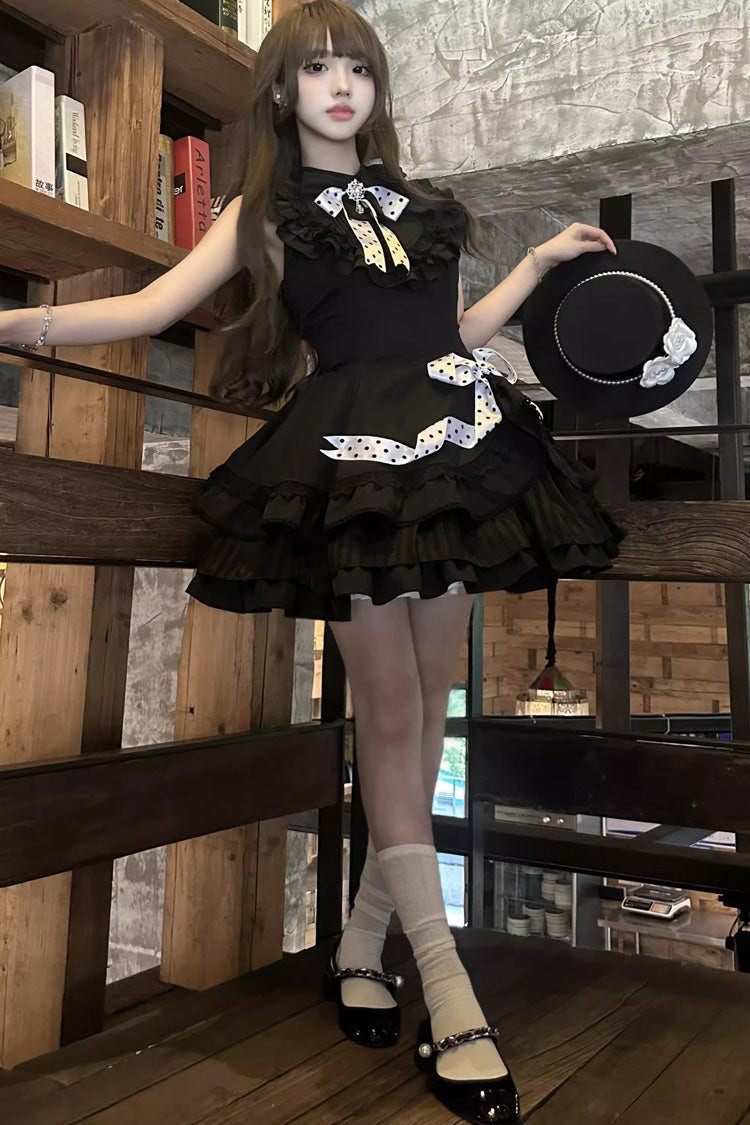 Black Multi-Layered Polka Dots Print Ruffle Bowknot Gothic Lolita Dress - Product - 6