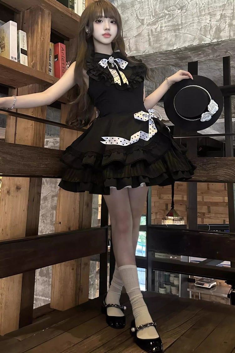 Black Multi-Layered Polka Dots Print Ruffle Bowknot Gothic Lolita Dress - Product - 6