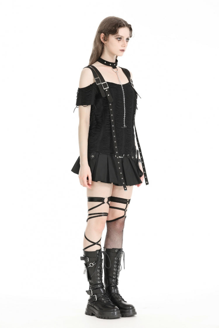Black Off Shoulder Short Sleeves Ripped Buckled Women's Gothic T-Shirt with Detachable Choker - Product - 7
