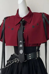 Red/Black [Moonlight Flowing] Long/Short Sleeves Ruffled Asymmetric Gothic Jirai Kei Skirt Set - Short-Sleeved Blouse - 14
