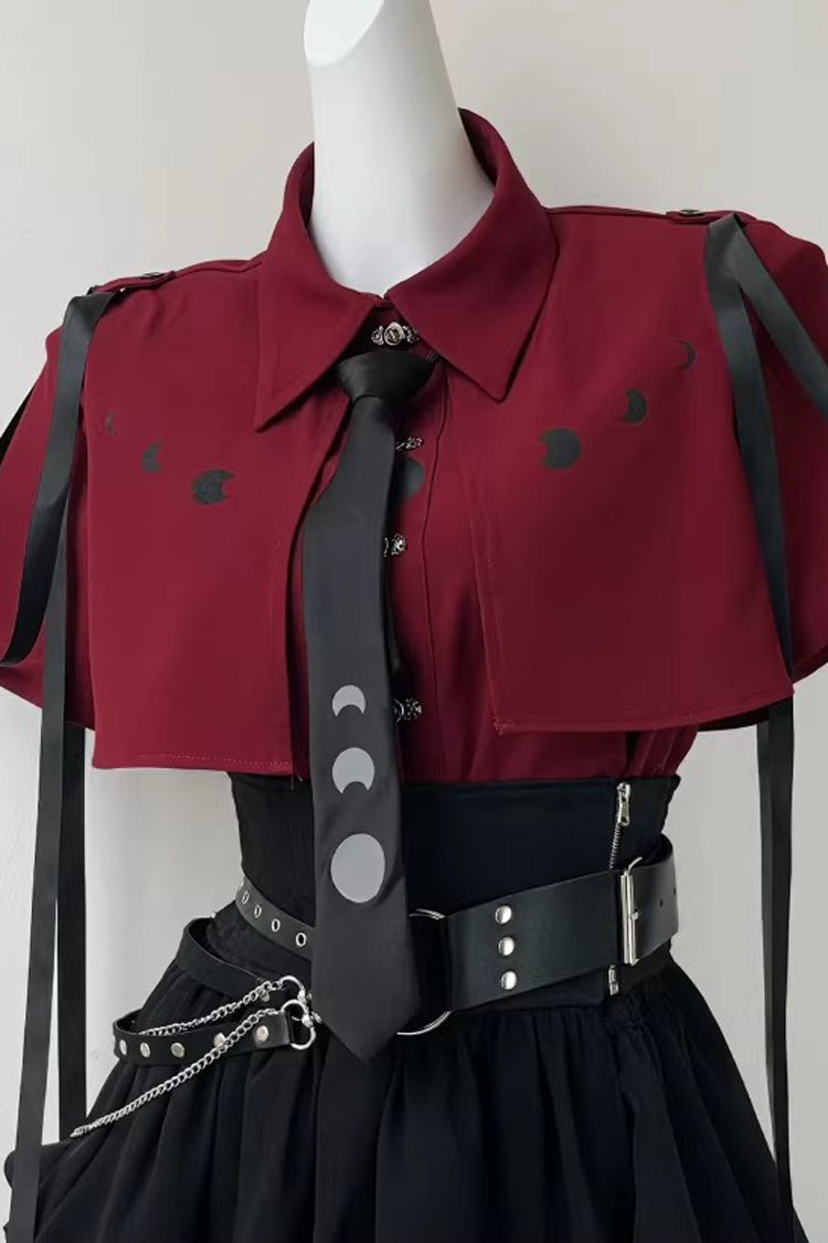 Red/Black [Moonlight Flowing] Long/Short Sleeves Ruffled Asymmetric Gothic Jirai Kei Skirt Set - Short-Sleeved Blouse - 14