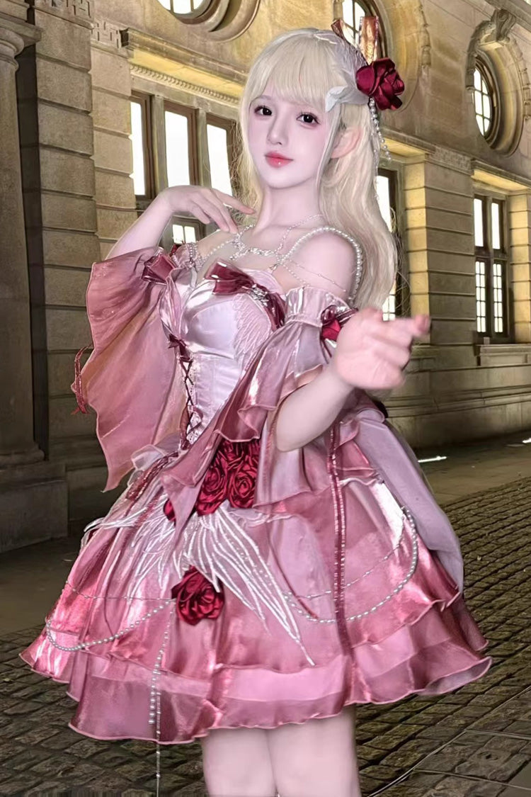Plum Red [Swan Wonderland] Embroidery Bowknot Lace-Up Sweet Ballet Lolita Jsk Dress Short Version - Product - 5