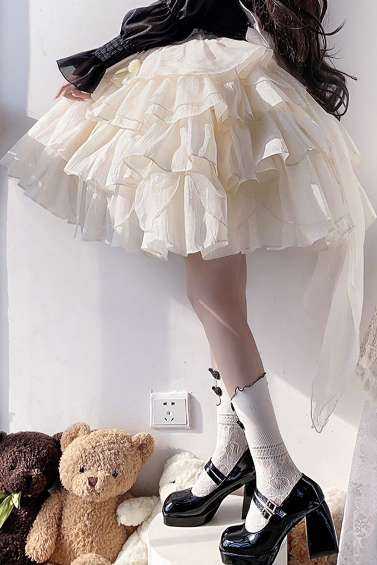 Black Top and Apricot Bowknot Sweet Princess Lolita Layered Skirt Dress - Product - 8