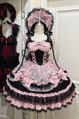 Black/Pink [Rose Princess] Sleeveless Ruffle Bowknot Lace Lace-Up Sweet Ballet Lolita Jsk Dress - Product - 3