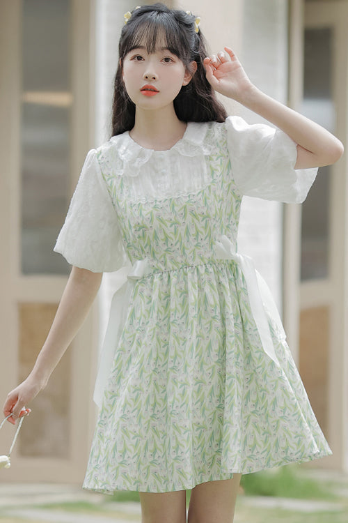 Green Doll Collar Puff Short Sleeve Chiffon Floral Print High Waisted Sweet Lolita Dress - Product - 2
