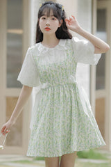 Green Doll Collar Puff Short Sleeve Chiffon Floral Print High Waisted Sweet Lolita Dress - Product - 2