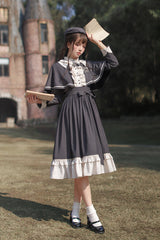 Dark Blue [Berlin Evening News] Long Sleeves Striped Print Ruffle Bowknot British College Style Elegant Sweet Lolita Dress - Product - 5