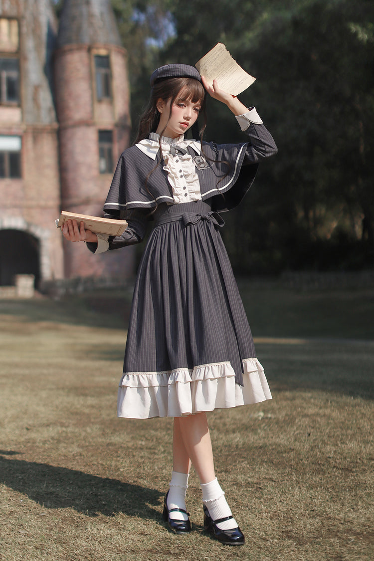 Dark Blue [Berlin Evening News] Long Sleeves Striped Print Ruffle Bowknot British College Style Elegant Sweet Lolita Dress - Product - 5