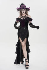 Black/Purple Off Shoulder Sleeveless Embroidered Lace Slim Women's Gothic Gorgeous Strapless Dress - Black/Purple - 1