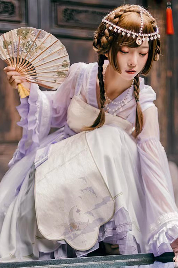 [Night and the Oriole] Print Ruffle Bowknot Lace Sweet Chinese Style Lolita Jsk Dress 2 Colors - Product - 6