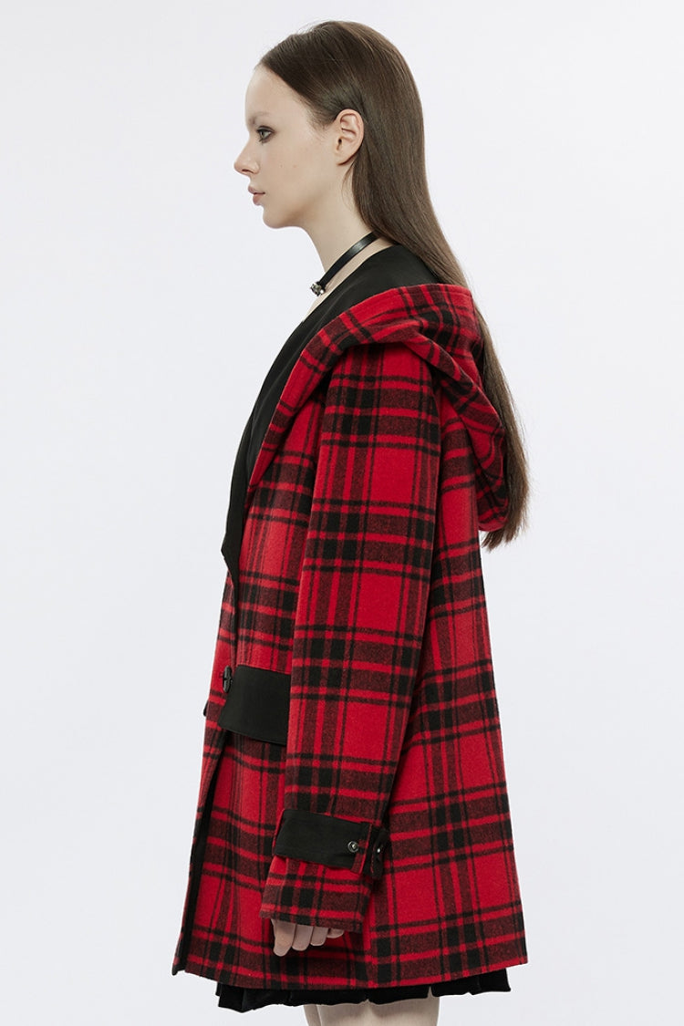 Black/Red Plaid Print Hooded Women's Punk College Style Coat - Product - 2