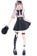 Black/Pink Short Sleeves Ruffle Slim Jirai Kei Japanese Skirt Set - Black/Pink - 1