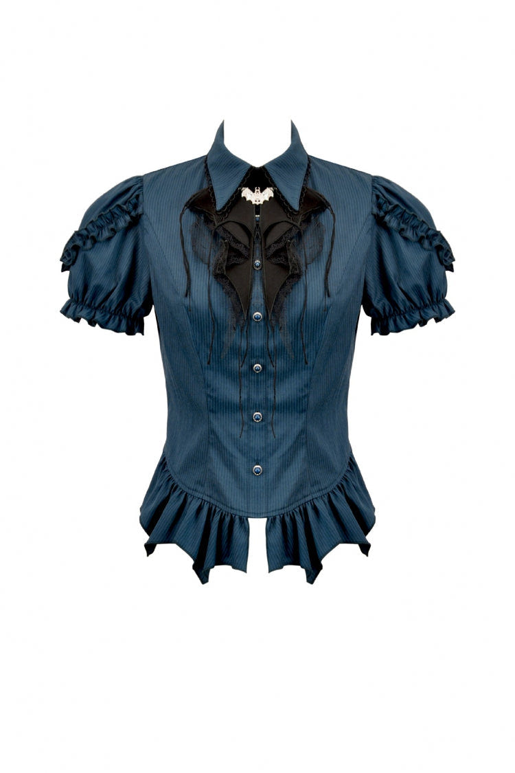 Blue Pinstripe Point Collar Short Puff Sleeves Women's Gothic Blouse with Detachable Bat Bow Tie - Product - 3