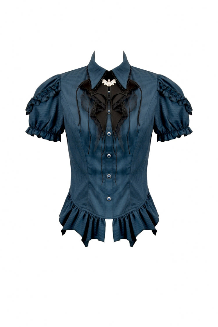 Blue Pinstripe Point Collar Short Puff Sleeves Women's Gothic Blouse with Detachable Bat Bow Tie - Product - 3