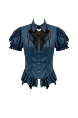 Blue Pinstripe Point Collar Short Puff Sleeves Women's Gothic Blouse with Detachable Bat Bow Tie - Product - 3