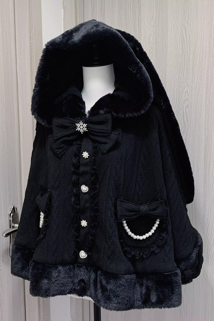 Rabbit Ears Hooded Single Breasted Bowknot Sweet Lolita Cloak Coat 2 Colors - Black - 4