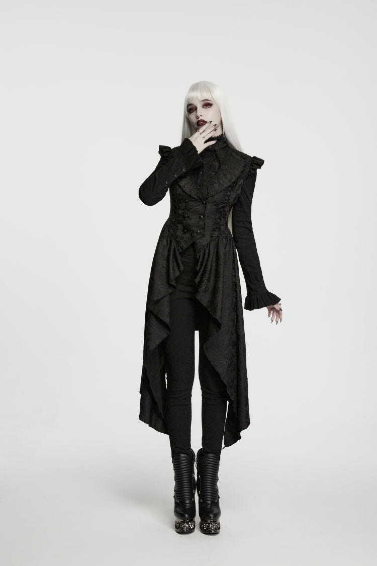Black Stand Collar Sleeveless Jacquard Cut-Out Lace-Up Asymmetric Women's Gothic Elegant Vest - Product - 7