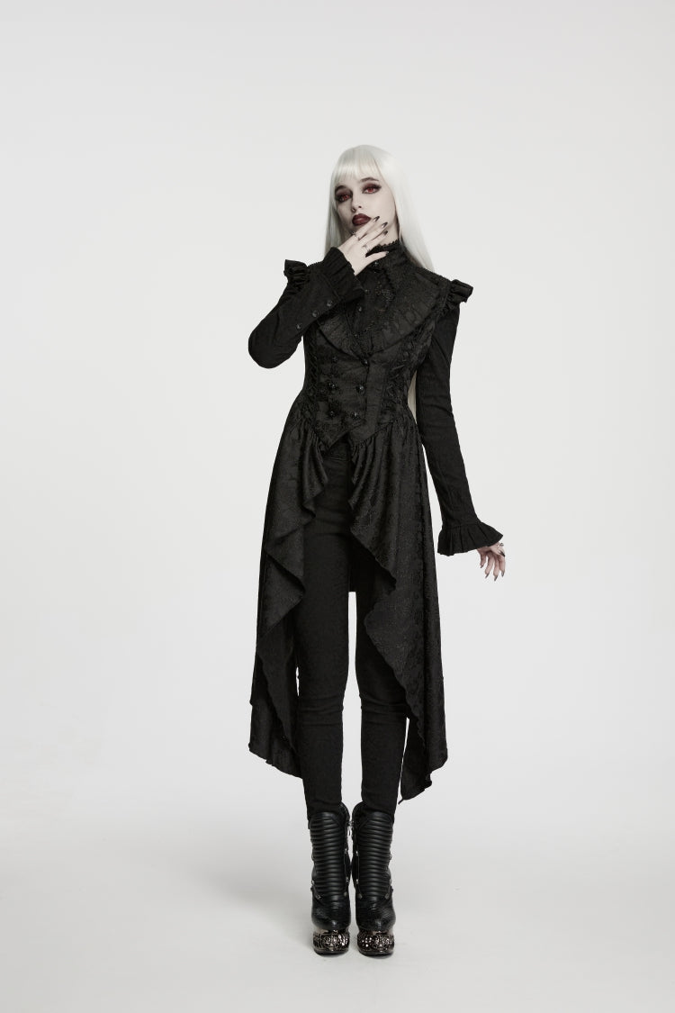 Black Stand Collar Sleeveless Jacquard Cut-Out Lace-Up Asymmetric Women's Gothic Elegant Vest - Product - 7