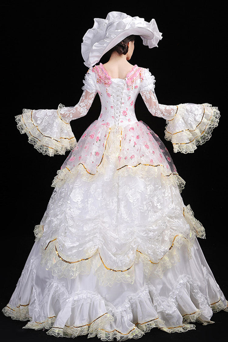 White Hime Sleeves High Waisted Lace Stitching Flower Print Victorian Lolita Prom Tiered Dress - Product - 4