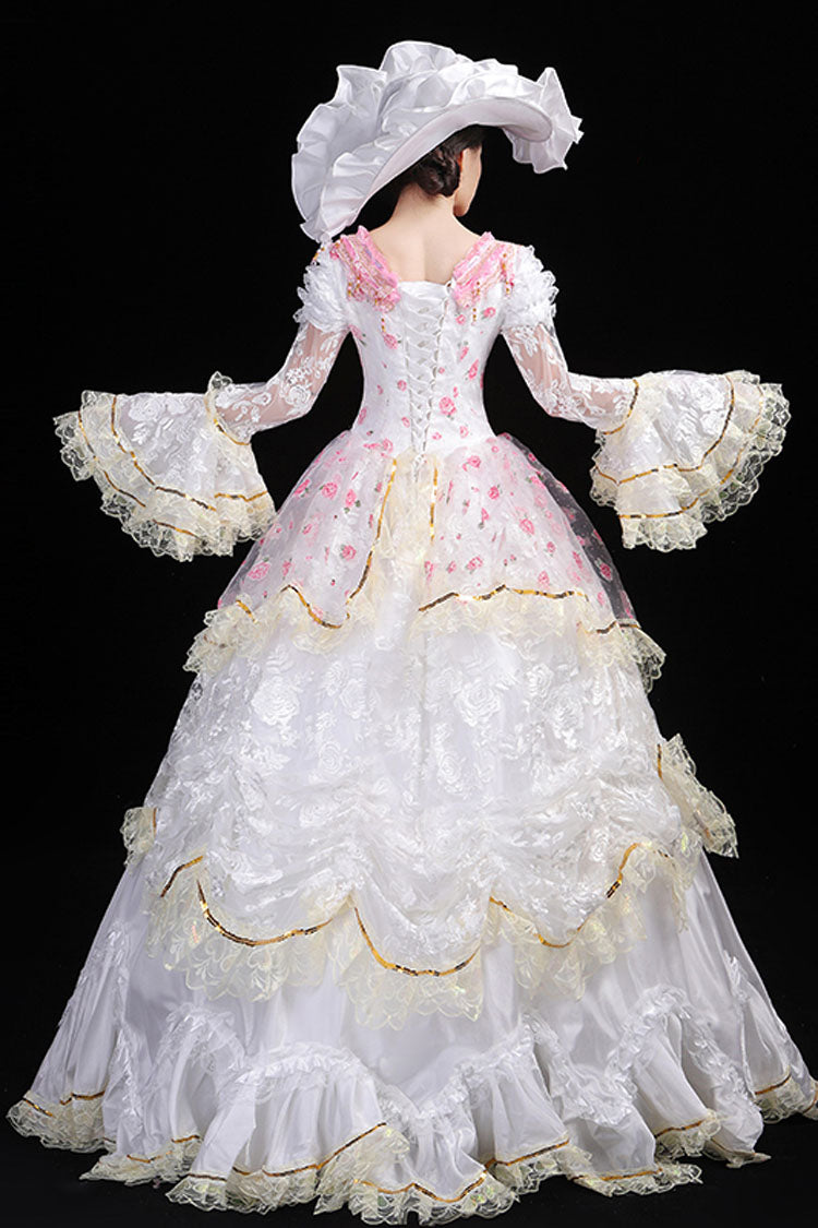 White Hime Sleeves High Waisted Lace Stitching Flower Print Victorian Lolita Prom Tiered Dress - Product - 4