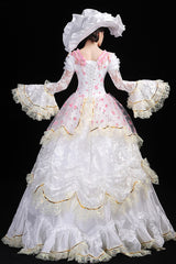 White Hime Sleeves High Waisted Lace Stitching Flower Print Victorian Lolita Prom Tiered Dress - Product - 4