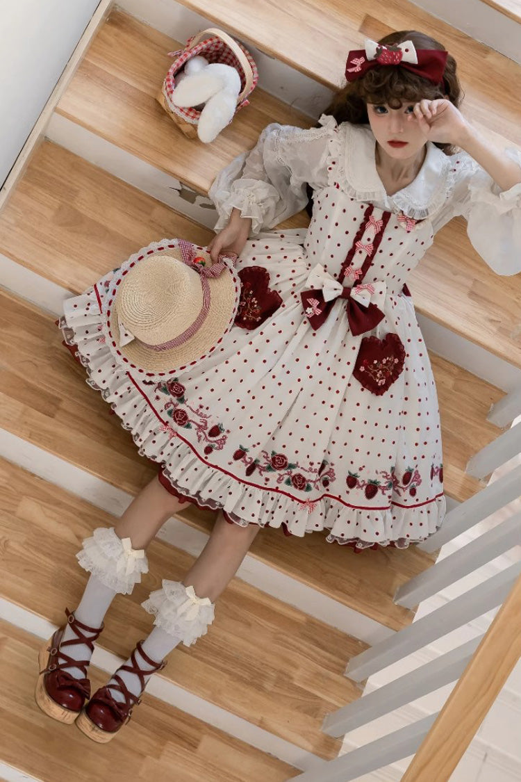 White [Strawberry Diary] Print Ruffle Bowknot Sweet Lolita Jsk Dress - Product - 7