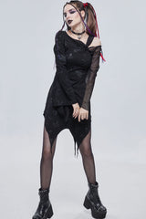 Black Gothic Off-The-Shoulder Graphic-Print Asymmetric Design Splicing Mesh Women's Dress - Product - 6