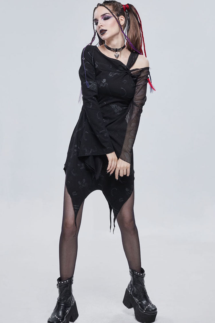 Black Gothic Off-The-Shoulder Graphic-Print Asymmetric Design Splicing Mesh Women's Dress - Product - 6