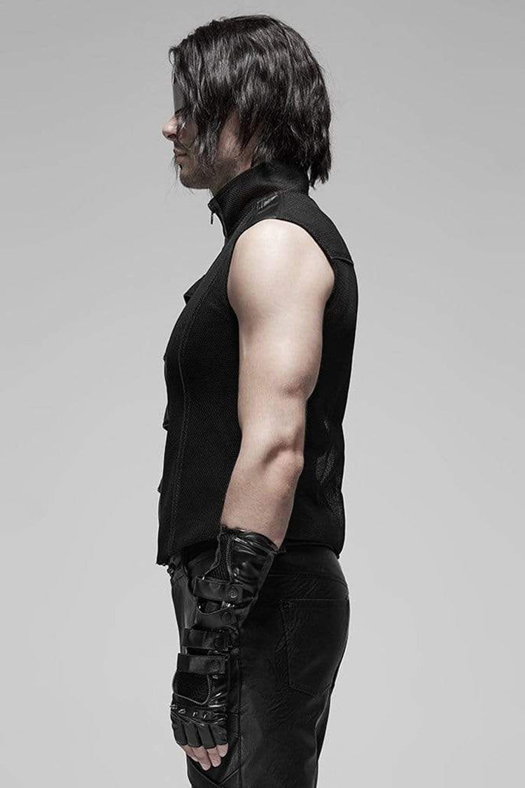Black Punk Rough No Elasticity Woven Mesh Metal Buckle Belts Decoration Perspective Sleeveless Metal Zipper Men's Vest - Product - 2