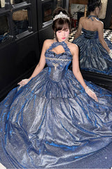 Blue [Paris-Inspired] Sleeveless Glitter Series Ruffled Cut-Out Bow Sweet Lolita Skirt Set - Product - 7