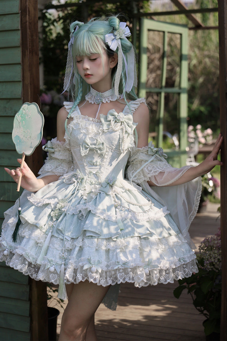 Green [Prelude of Spring Cherry] Square Collar Sleeveless Multi-Layered Jacquard Ruffled Bow Lace Pearl-Decorated Sweet Lolita Jsk Dress - Product - 4