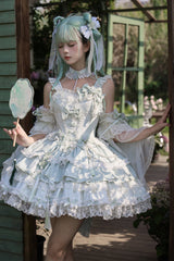 Green [Prelude of Spring Cherry] Square Collar Sleeveless Multi-Layered Jacquard Ruffled Bow Lace Pearl-Decorated Sweet Lolita Jsk Dress - Product - 4
