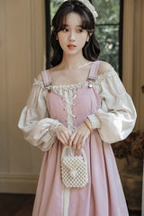 Pink/Apricot Square Collar Long Sleeves Ruffled Embroidered Lace-Up Sweet Lolita Two-Piece Dress Set - Product - 13