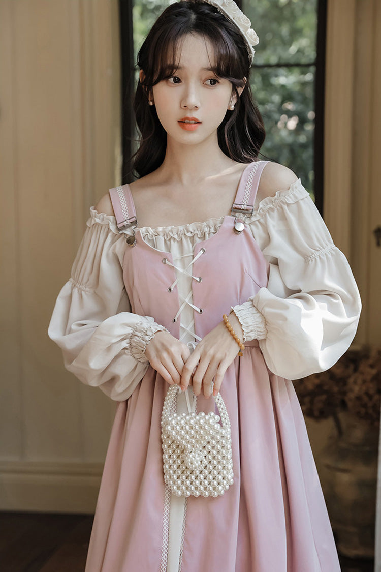 Pink/Apricot Square Collar Long Sleeves Ruffled Embroidered Lace-Up Sweet Lolita Two-Piece Dress Set - Product - 13