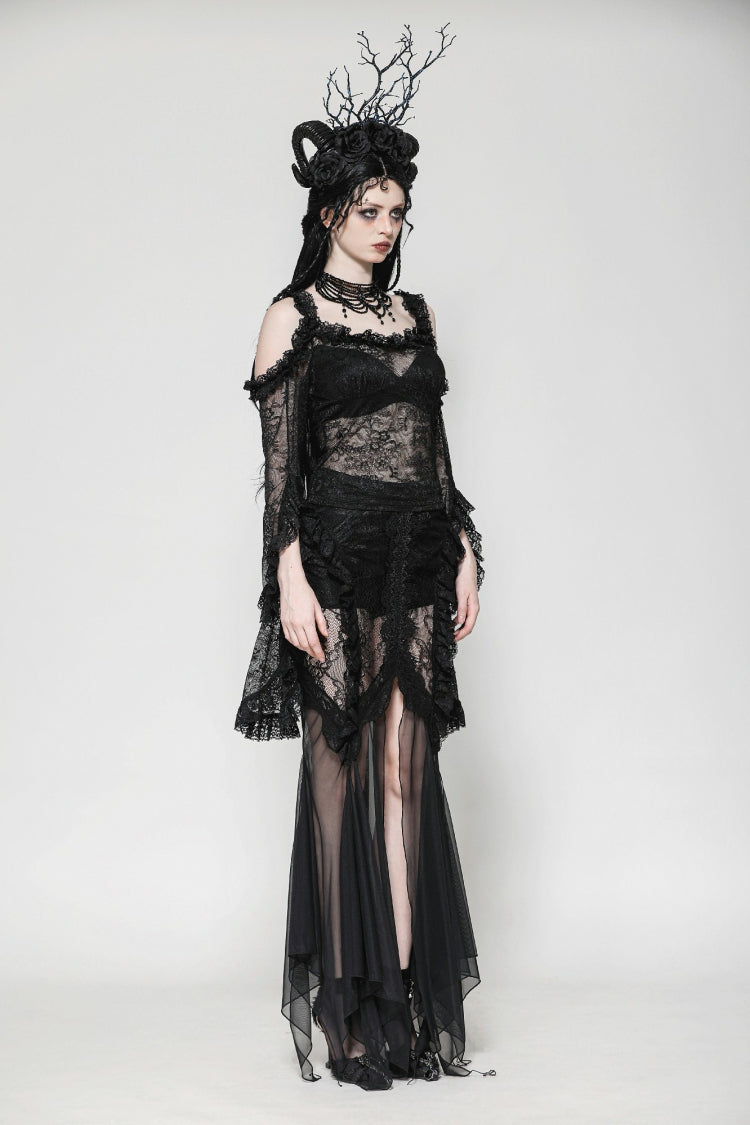 Black Off Shoulder Long Flare Sleeves Lace Women's Gothic Romantic Top - Product - 10