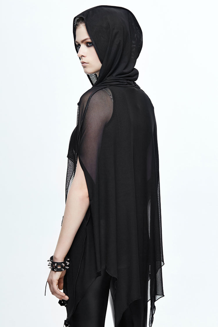 Black Mesh Wavy Sideline Long Women's Punk Hooded Bat Shawl - Product - 8