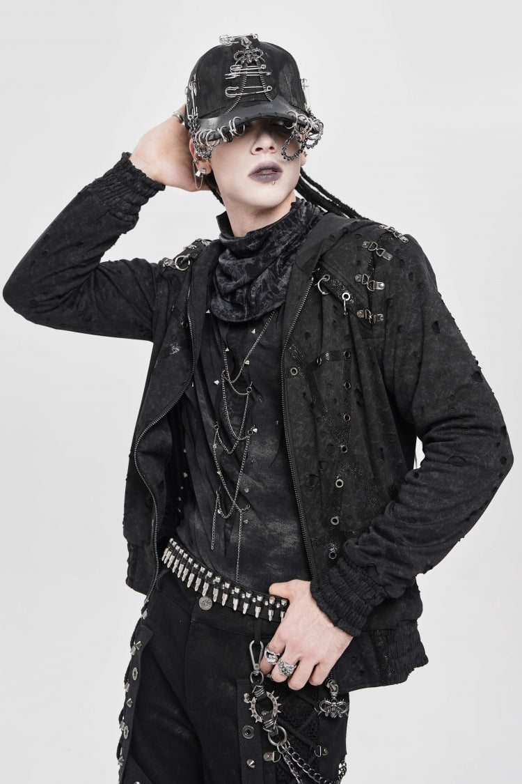 Black Long Sleeves Hexagram Print Hooded Ripped Pleated Men's Punk Coat - Product - 8
