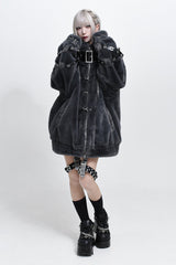 Jirai Kei Long Sleeves Hooded Zipper Punk Japanese Coat With Cross Leather Buckles 2 Colors - Product - 2
