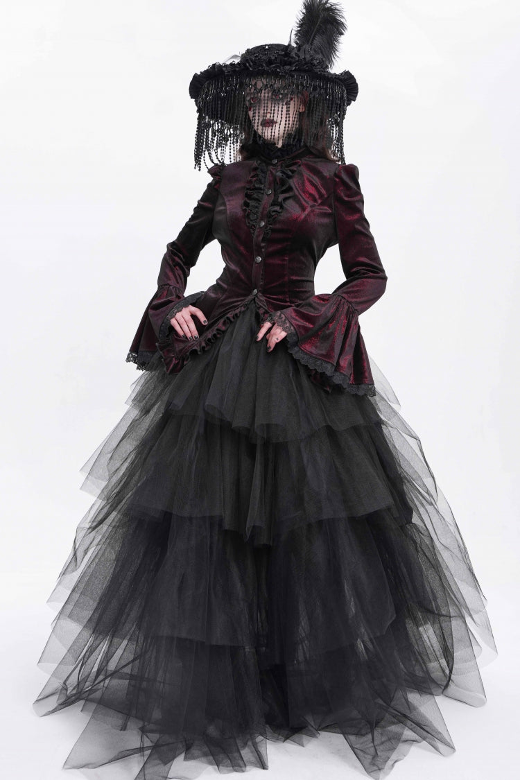 Red Stand Collar Long Trumpet Sleeves Ruffle Swallow-tailed Women's Gothic Blouse - Product - 8