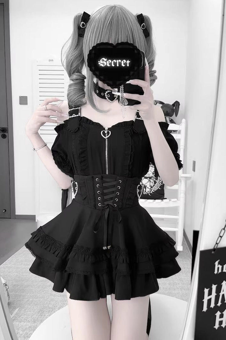 Jirai Kei [Heartbeat Buffy] Stand Collar Sleeveless Triple-Layered Ruffled Lace-Up Zippered Sweet Japanese Skirt and Blouse - Product - 12