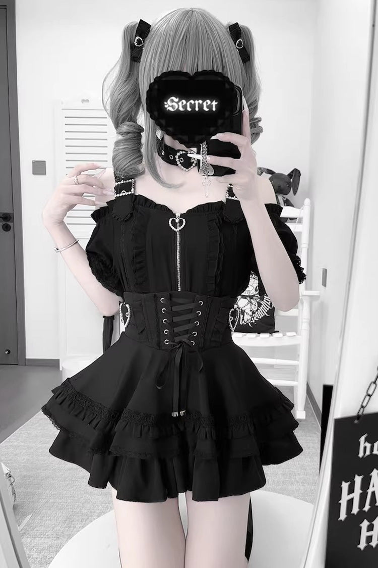 Jirai Kei [Heartbeat Buffy] Stand Collar Sleeveless Triple-Layered Ruffled Lace-Up Zippered Sweet Japanese Skirt and Blouse detail view 12