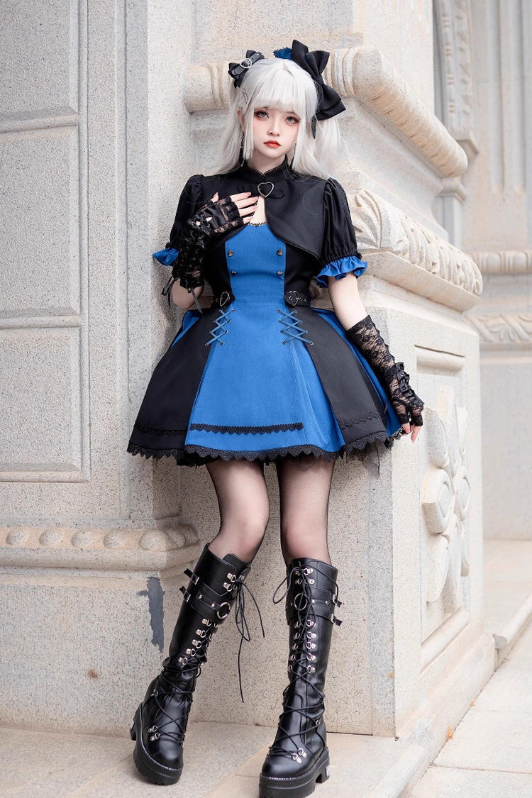 Black/Blue [Night Liana] Ruffle Bowknot Lace-Up Sweet Japanese Lolita Jumper Dress Set - Product - 4